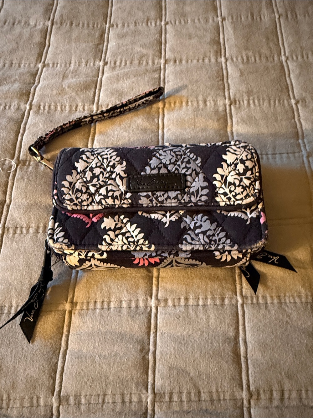 Vera Bradley Black Floral Quilted Wristlet with Pink & White Accents